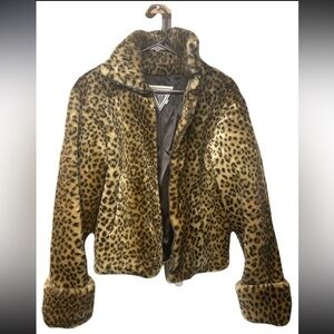 Vintage J. Percy Marvin Richards Faux Fur Jacket Leopard Print Hood Zip Size M